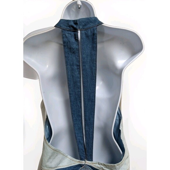 Free People Rising Sun Denim Mini Dress Halter 70s Open Back Hippie Festival Lrg - Picture 10 of 16